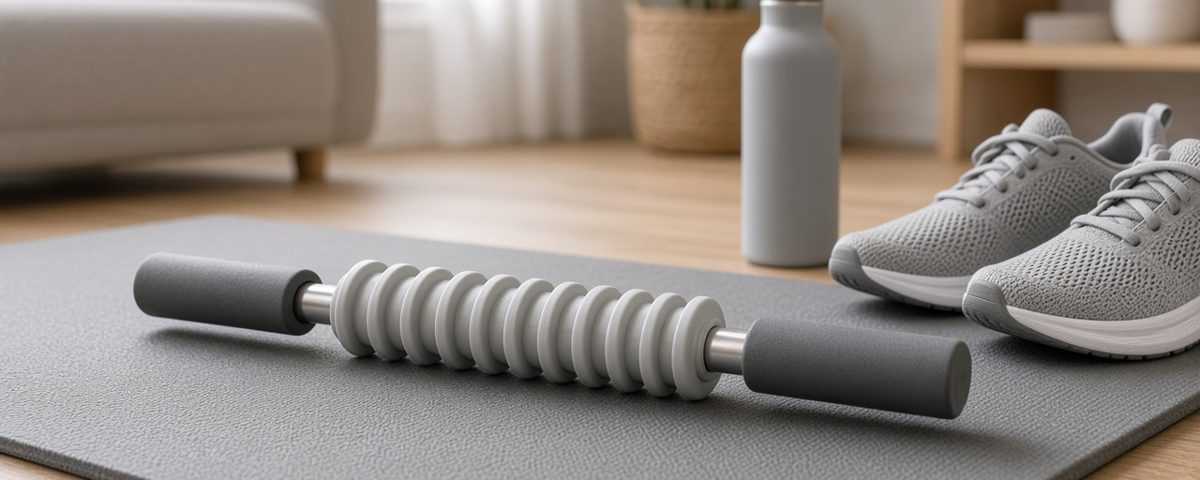 Bâton de massage à rouleaux gris posé sur un tapis de yoga dans un salon lumineux, à côté de baskets et d'une gourde
