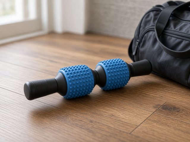Bâton de massage à deux rouleaux bleus à picots et poignées noires, posé sur un parquet près d'un sac de sport