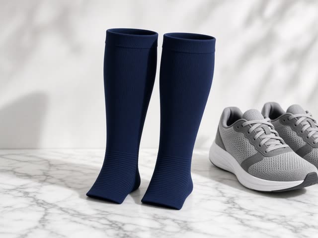 Paire de manchons de compression bleu marine pour mollets, sans pied, debout sur un plan de travail en marbre blanc à côté de baskets grises