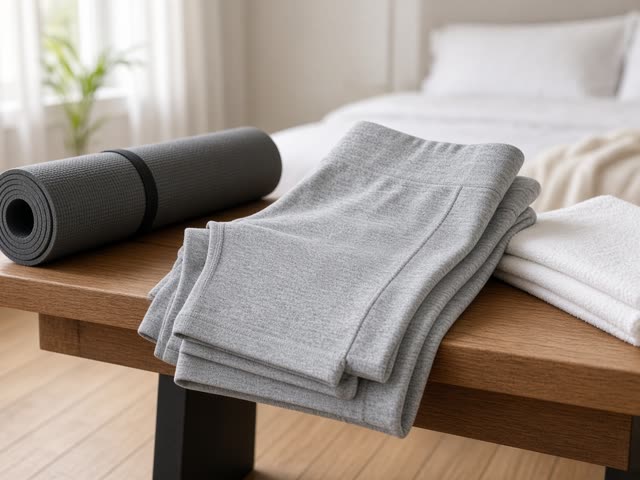 Collant de récupération gris clair plié sur un banc en bois près d'un tapis de yoga roulé et d'une serviette blanche, dans une chambre lumineuse