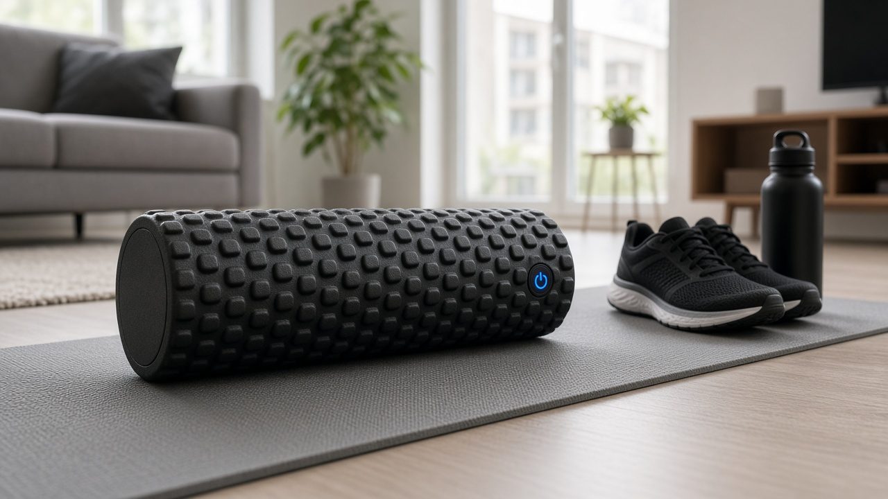 Foam roller vibrant noir à reliefs avec bouton lumineux, posé sur un tapis de yoga gris dans un salon, à côté de baskets et d'une gourde