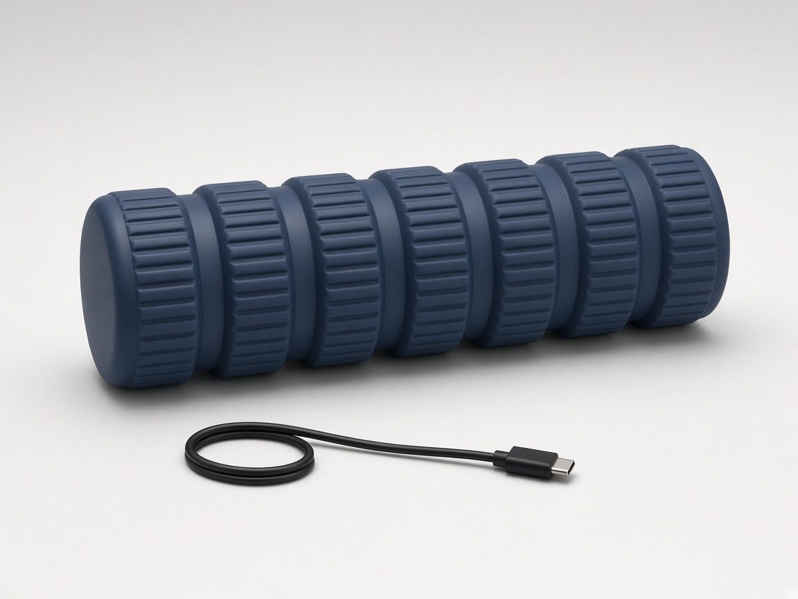 Foam roller vibrant compact bleu marine à reliefs avec son câble de charge USB-C