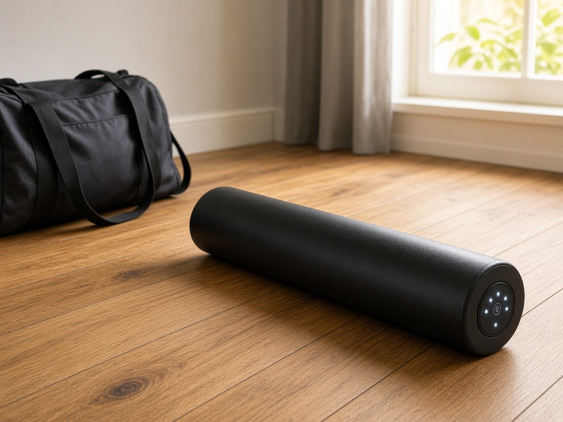 Long rouleau de massage vibrant noir avec panneau de commande lumineux posé sur un parquet près d'un sac de sport