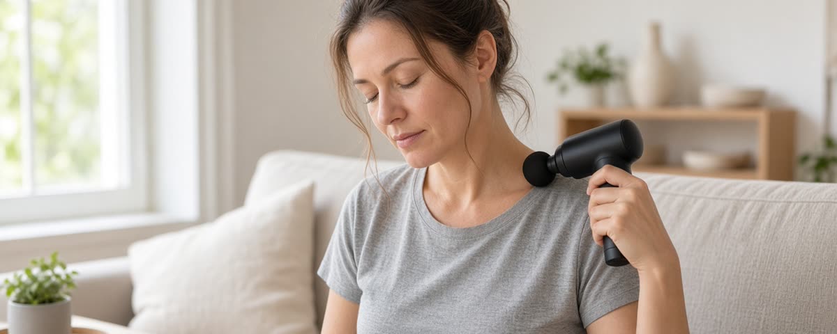 Femme assise sur un canapé dans un salon lumineux, utilisant un pistolet de massage noir compact sur le haut de son épaule