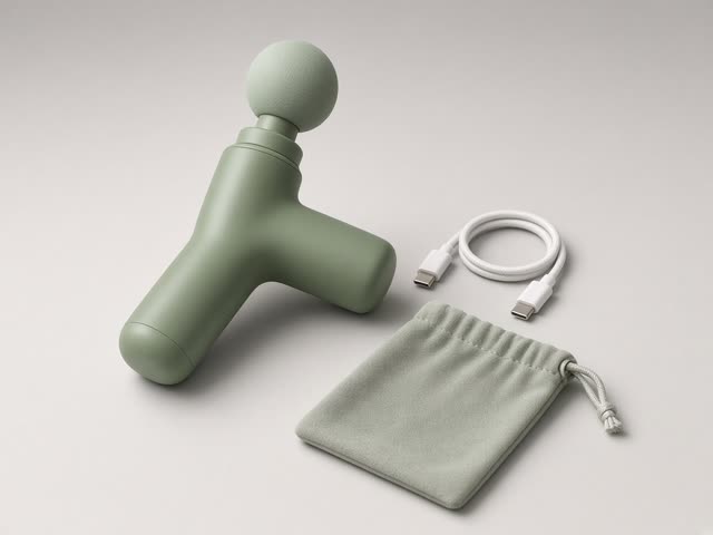 Mini pistolet de massage vert sauge avec embout boule, posé à côté de son câble USB-C et de sa pochette en tissu sur fond gris clair