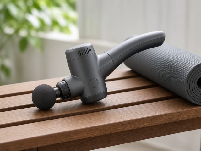 Pistolet de massage gris foncé à long manche incliné avec embout boule en mousse, posé sur un banc en bois à côté d'un tapis de yoga roulé