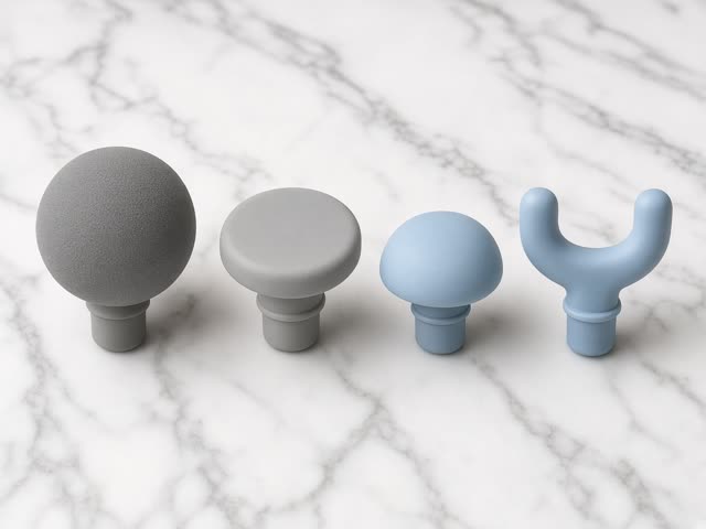 Quatre embouts de pistolet de massage en silicone gris et bleu clair alignés sur un marbre blanc : grosse boule en mousse, embout plat, petit embout coussiné et embout en fourche