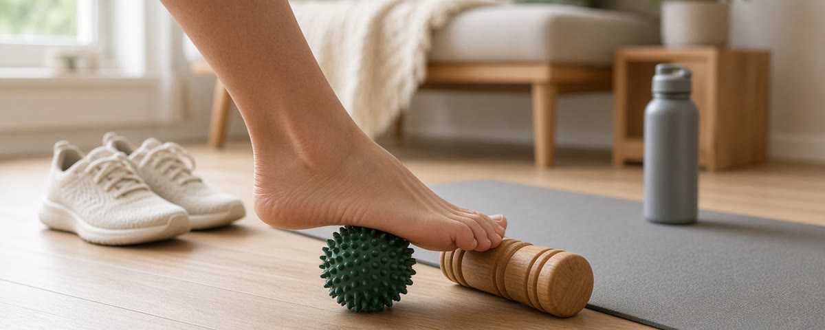 Pied nu posé sur une balle de massage à picots verte à côté d'un rouleau en bois, sur un parquet clair près d'un tapis de yoga, de baskets et d'une gourde