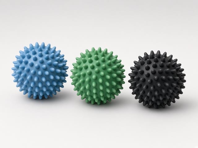 Trois balles de massage à picots bleue, verte et noire, de la plus souple à la plus ferme, sur fond gris clair