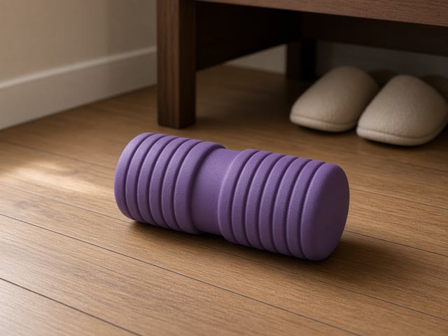 Rouleau de massage pour les pieds en caoutchouc violet ferme, avec des rainures et un creux au centre, posé sur un parquet sous un bureau