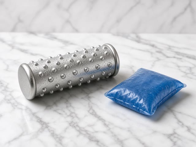 Rouleau de massage pour les pieds en acier argenté à picots couvert de givre, à côté d'une poche de gel bleue sur un plan de travail en marbre
