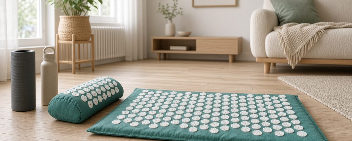 Tapis d'acupression vert à picots blancs et coussin assorti posés sur un parquet clair, à côté d'un foam roller