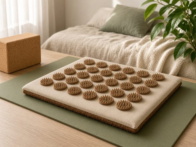 Tapis d'acupression en lin naturel avec base en fibre de coco posé sur un tapis de yoga