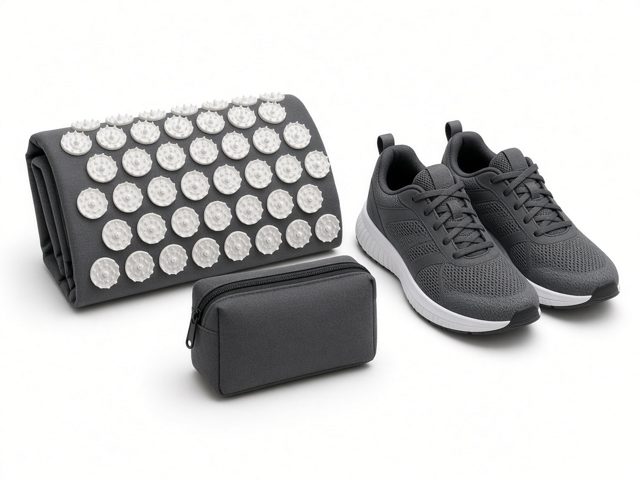 Petit tapis d'acupression gris plié avec pochette de transport, à côté de chaussures de running